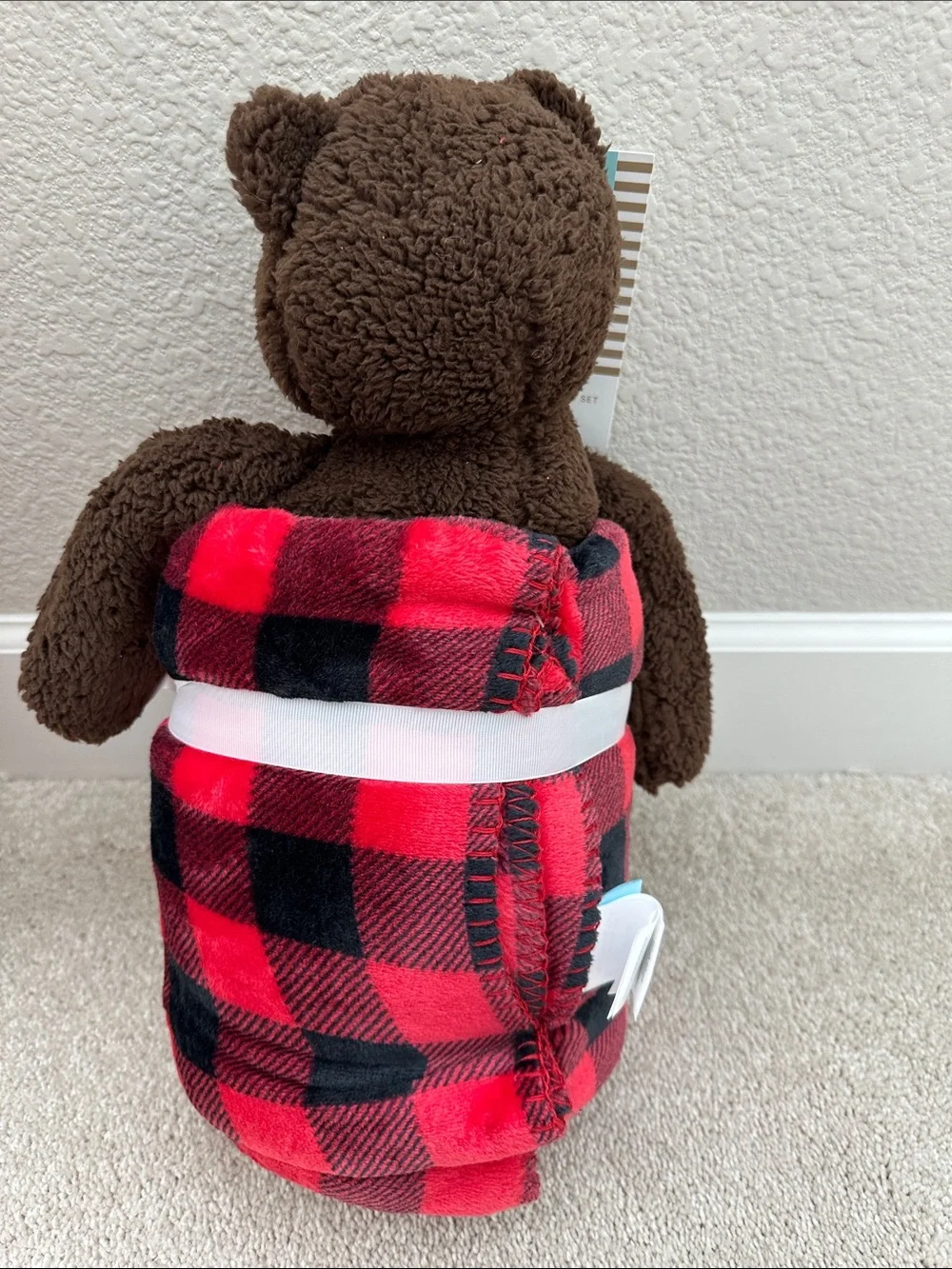NWT Brown Bear Plush with Red and Black Buffalo Plaid Throw